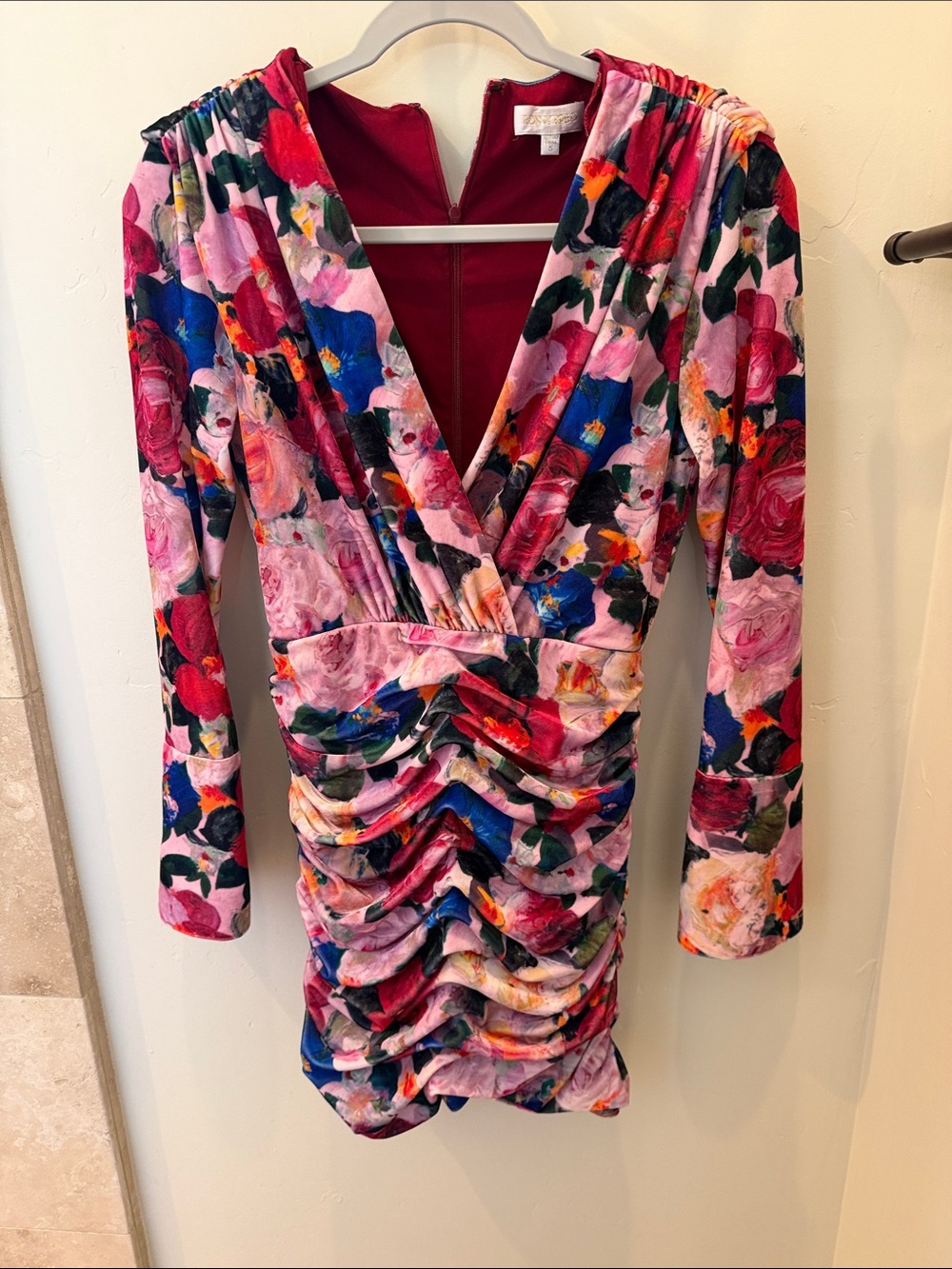 Ronny Kobo Collection Floral Velvet Ruched V-Neck Dress - Pink Multi